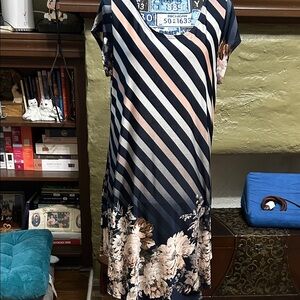 Navy and Peach Striped Floral Midi Dress